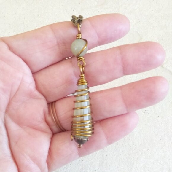 Sage Green Agate Drop Pendant + Bronze Necklace ~ Country Core Bohemian Casual - Picture 6 of 8